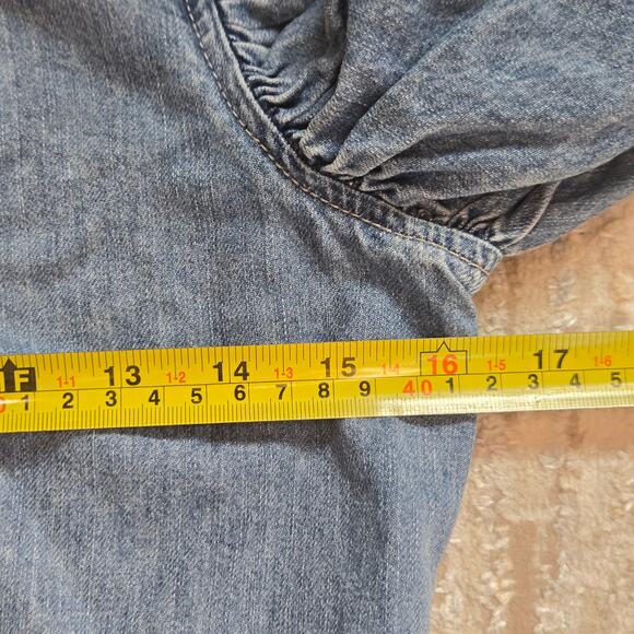 Frame Gillian Denim Top Eugenia Blouse Ruched Puff Sleeve Button Up Blue XS - Picture 6 of 7